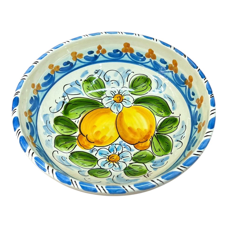 Ciotola centrotavola in ceramica siciliana decoro con limoni fondo azzurro e bianco Produzione artigianale di Santo Stefano di Camastra Diametro 20cm