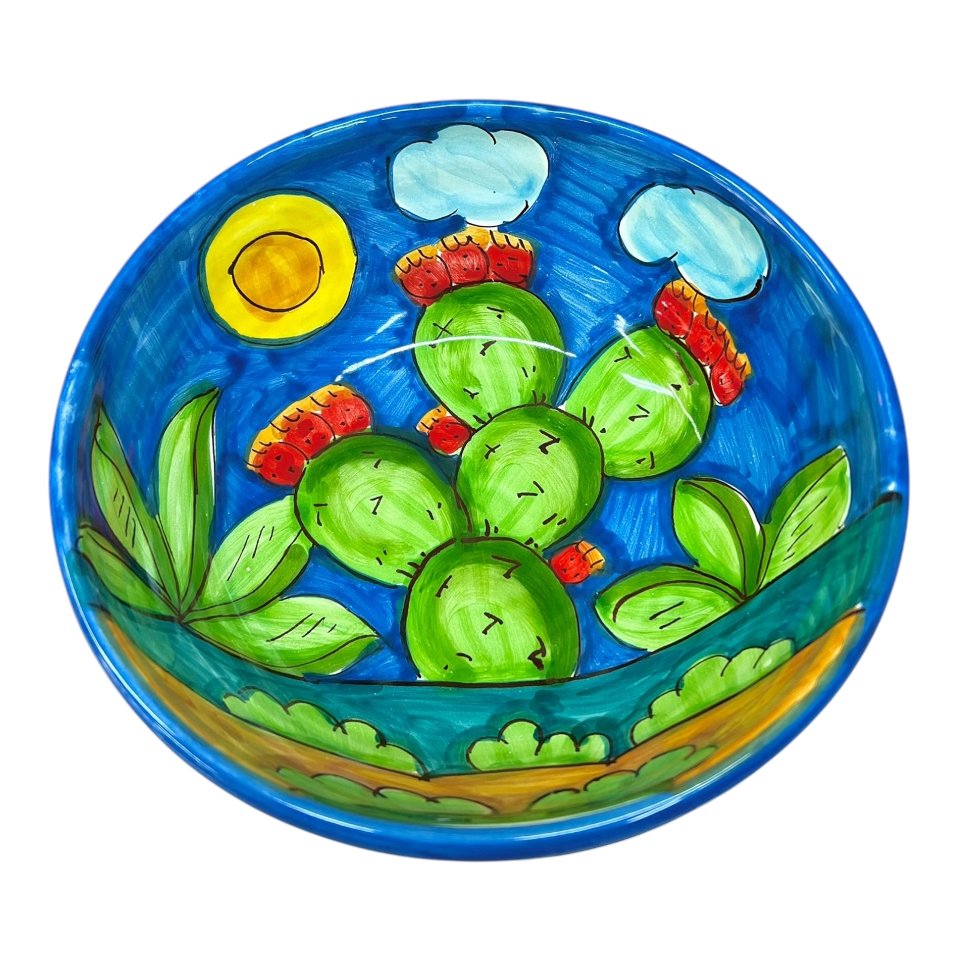 Ciotola centrotavola in ceramica siciliana con fichi d’india decoro naif Produzione artigianale di Santo Stefano di Camastra Diametro 20cm