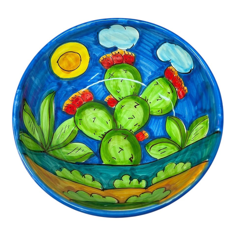 Ciotola centrotavola in ceramica siciliana con fichi d’india decoro naif Produzione artigianale di Santo Stefano di Camastra Diametro 20cm