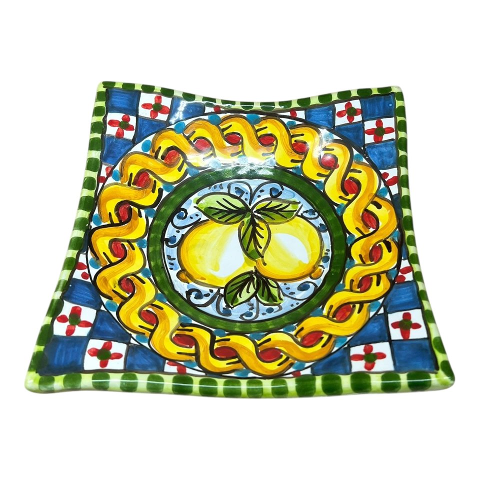 Svuotatasche/porta caramelle in ceramica siciliana decoro con limoni e treccia Produzione artigianale di Caltagirone 21 x 21