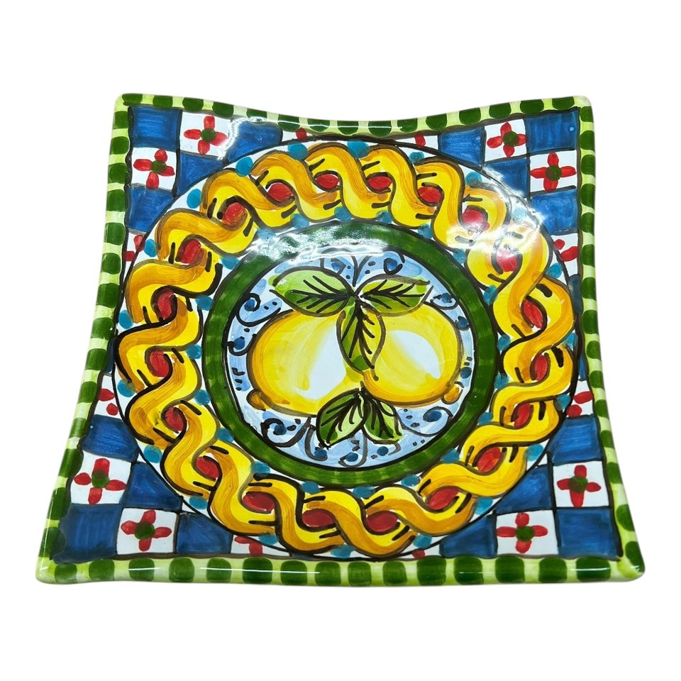 Svuotatasche/porta caramelle in ceramica siciliana decoro con limoni e treccia Produzione artigianale di Caltagirone 21 x 21