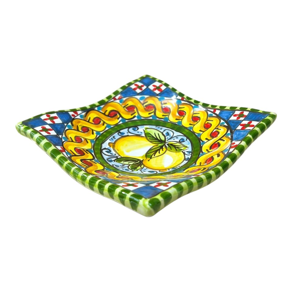 Svuotatasche/porta caramelle in ceramica siciliana decoro con limoni e treccia Produzione artigianale di Caltagirone 21 x 21