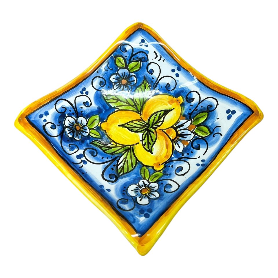 Svuotatasche/porta caramelle in ceramica siciliana decoro con limoni Produzione artigianale di Caltagirone 21 x 21