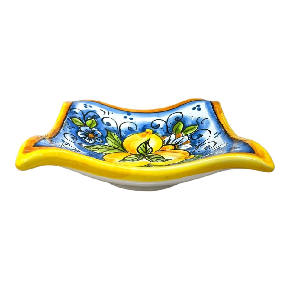 Svuotatasche/porta caramelle in ceramica siciliana decoro con limoni Produzione artigianale di Caltagirone 21 x 21
