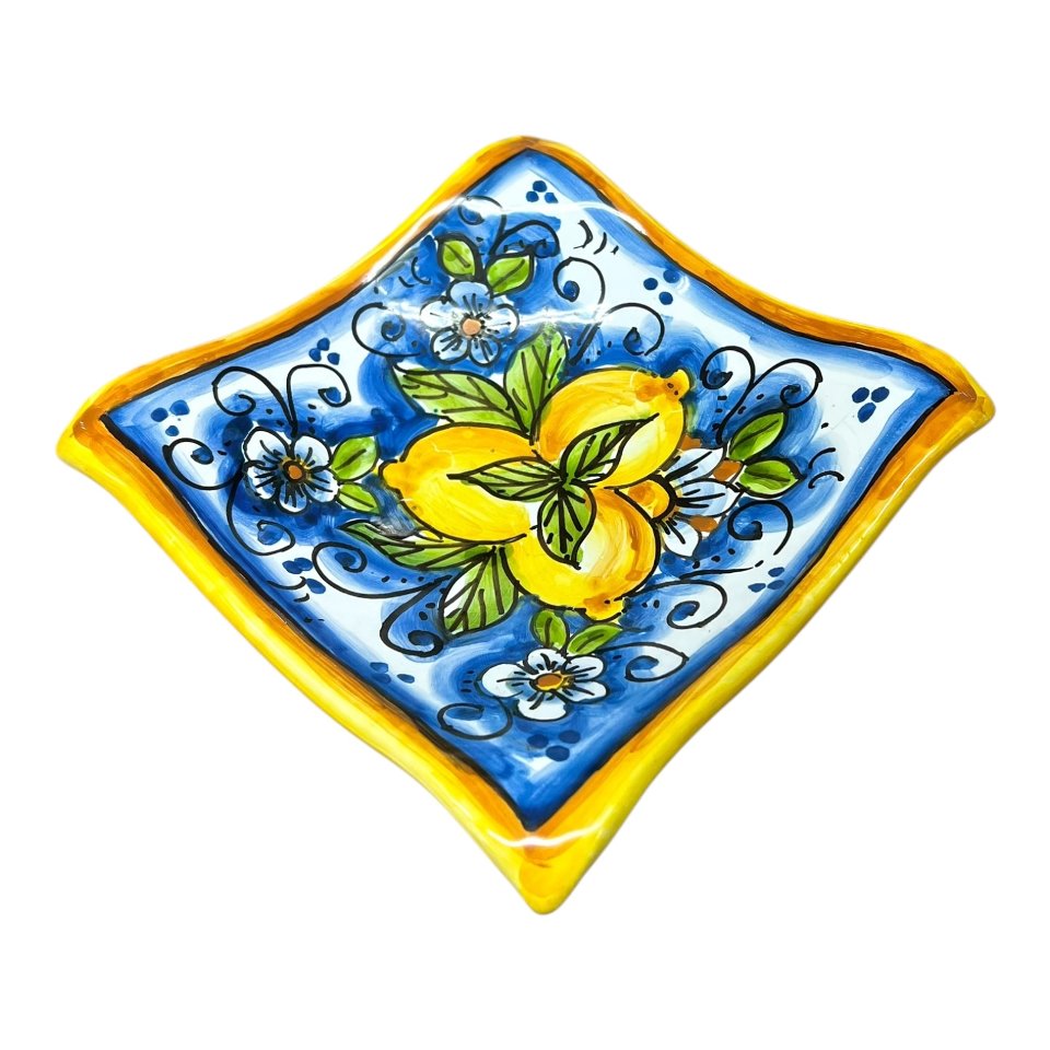 Svuotatasche/porta caramelle in ceramica siciliana decoro con limoni Produzione artigianale di Caltagirone 21 x 21