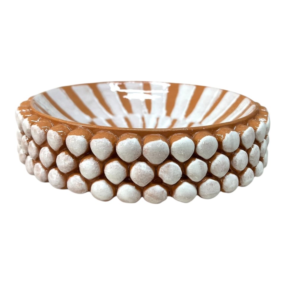 Ciotola pigna svuota tasche o porta caramelle in ceramica siciliana decoro bianco e terracotta Produzione artigianale di Santo Stefano di Camastra Diametro 18cm