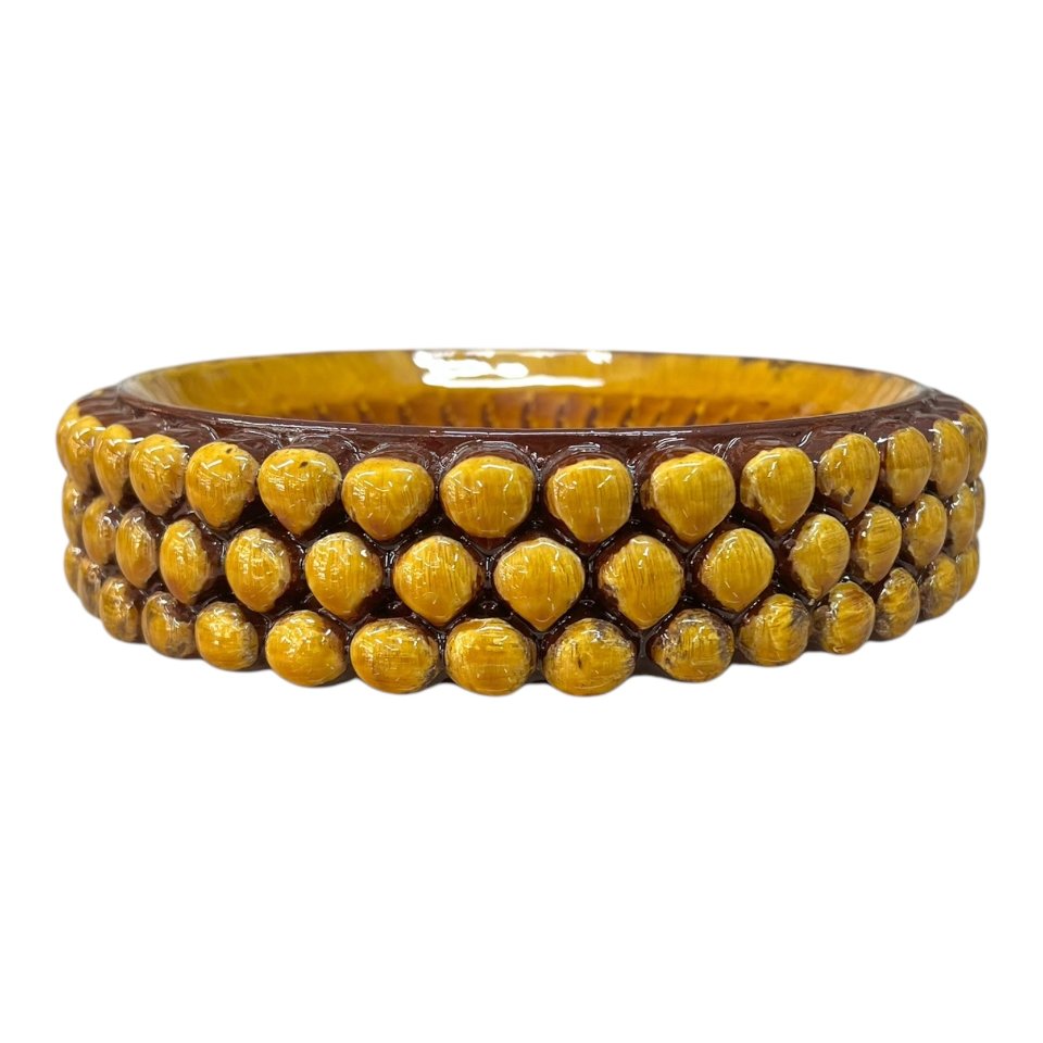 Ciotola pigna svuotatasche o porta caramelle in ceramica siciliana decoro giallo oro e mattone Produzione artigianale di Santo Stefano di Camastra Diametro 18cm
