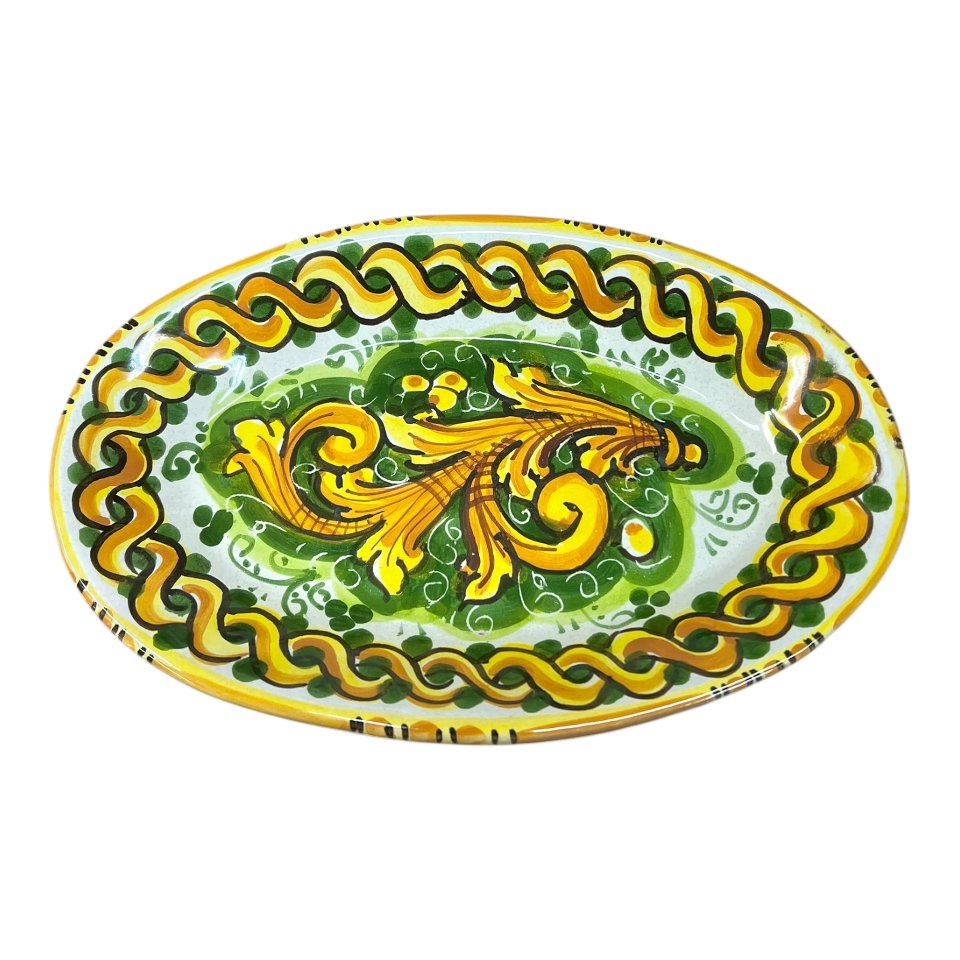 Piatto ornamentale ovale da parete in ceramica siciliana decoro ornato giallo e verde Produzione artigianale di Caltagirone Lunghezza 22cm
