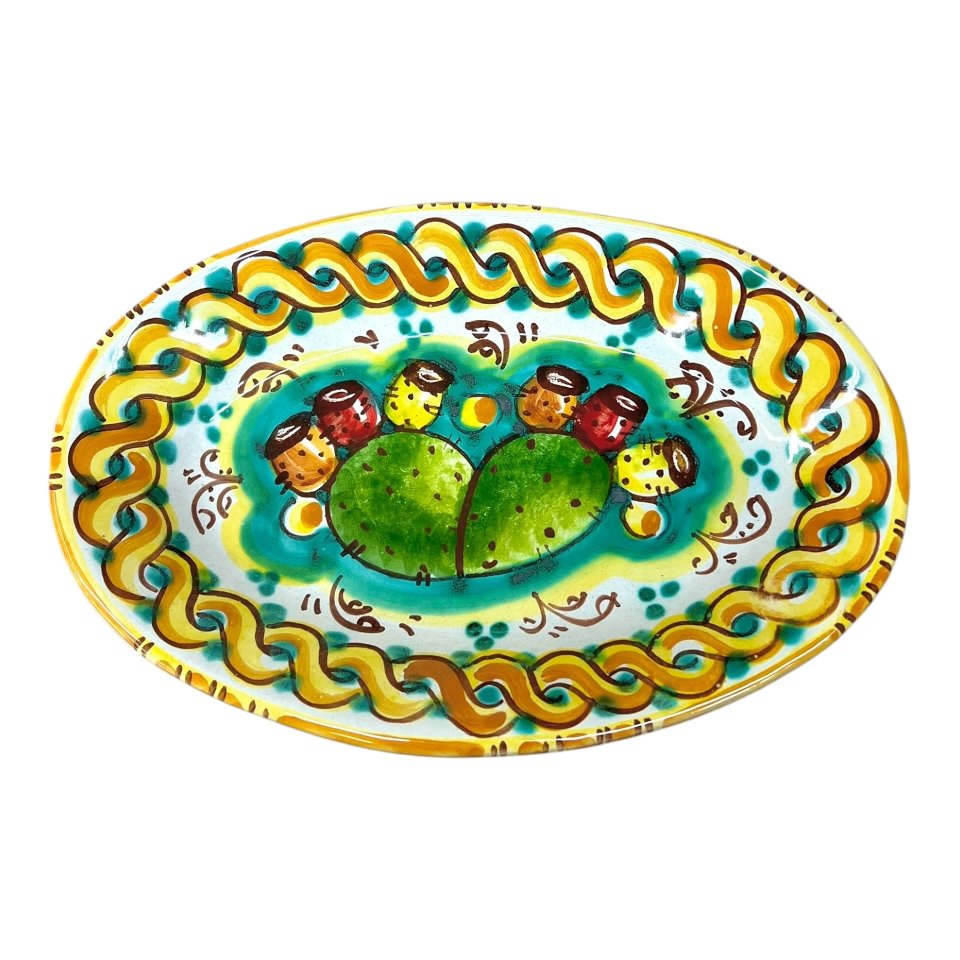 Piatto ornamentale ovale da parete in ceramica siciliana con fichi d'india Produzione artigianale di Caltagirone Lunghezza 22cm