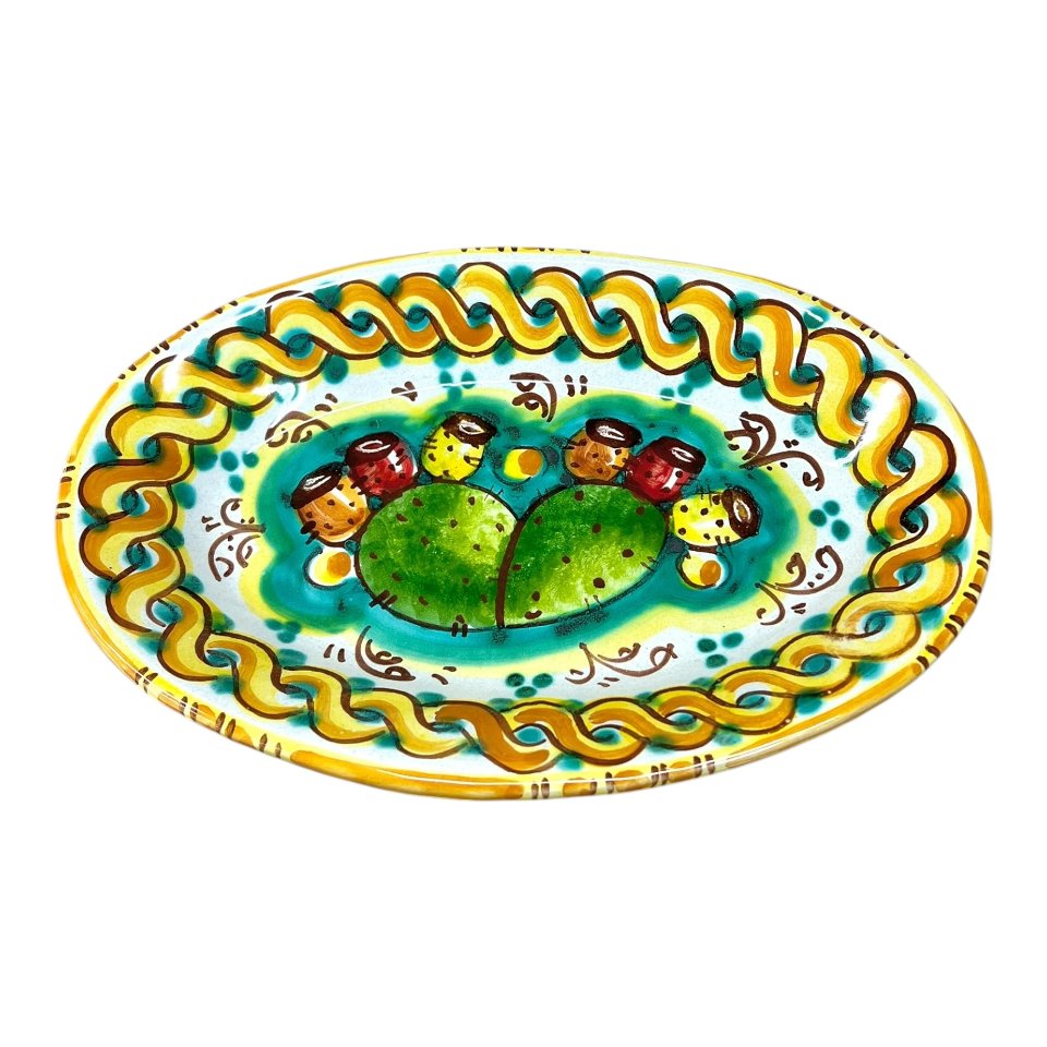 Piatto ornamentale ovale da parete in ceramica siciliana con fichi d'india Produzione artigianale di Caltagirone Lunghezza 22cm