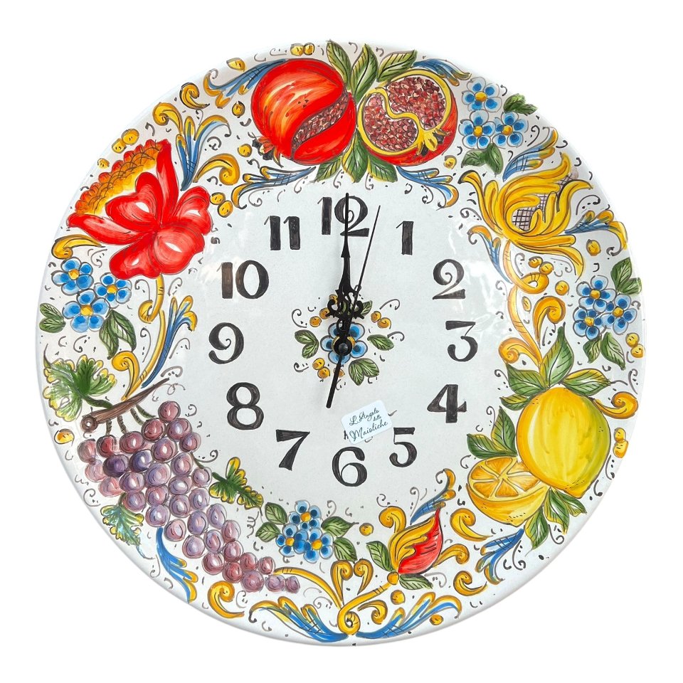 Orologio da parete decoro con frutta fondo bianco in ceramica siciliana Produzione artigianale di Caltagirone Diametro 37cm