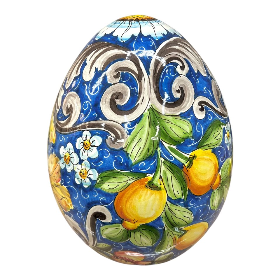 Uovo di Pasqua gigante in ceramica siciliana decoro ornato con limoni, arance e uva Produzione artigianale di Santo Stefano di Camastra h.43cm