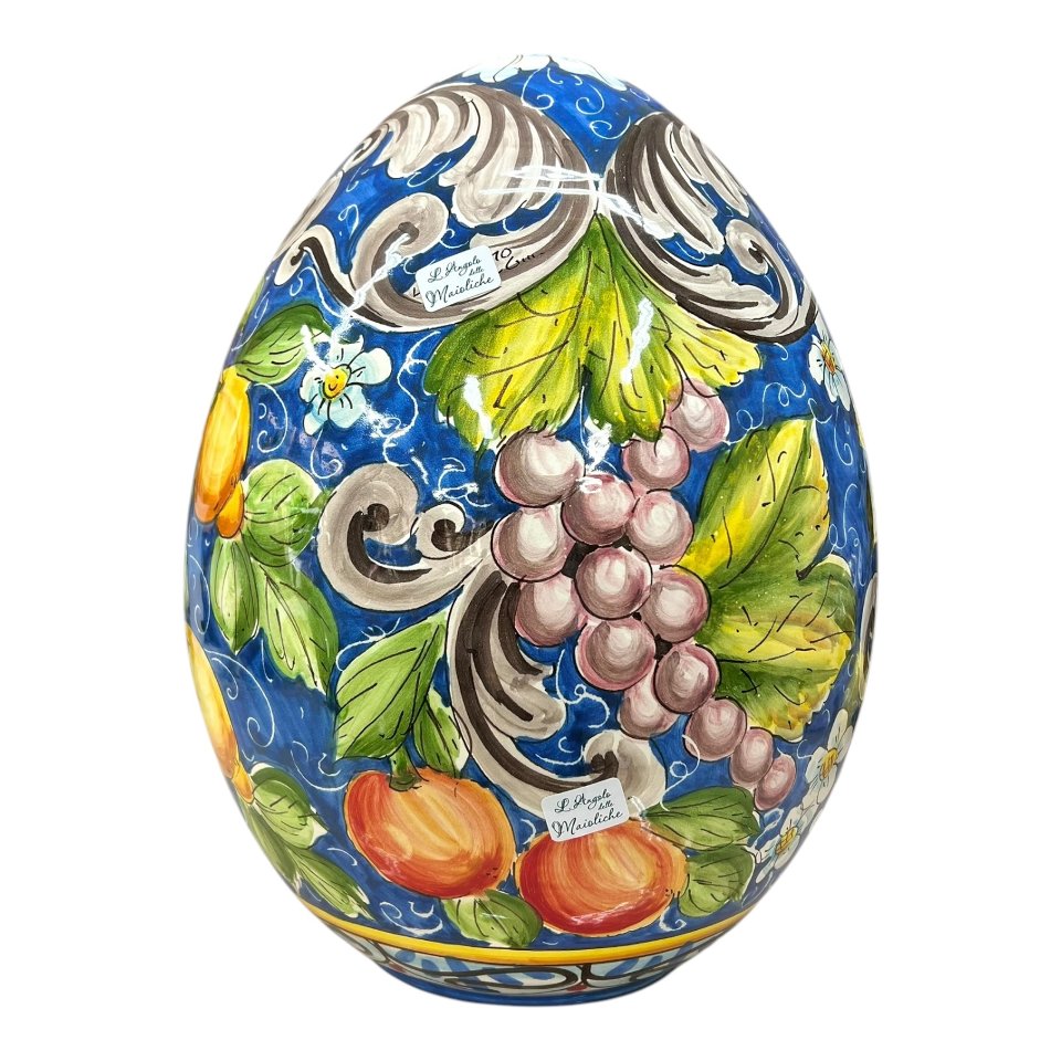 Uovo di Pasqua gigante in ceramica siciliana decoro ornato con limoni, arance e uva Produzione artigianale di Santo Stefano di Camastra h.43cm