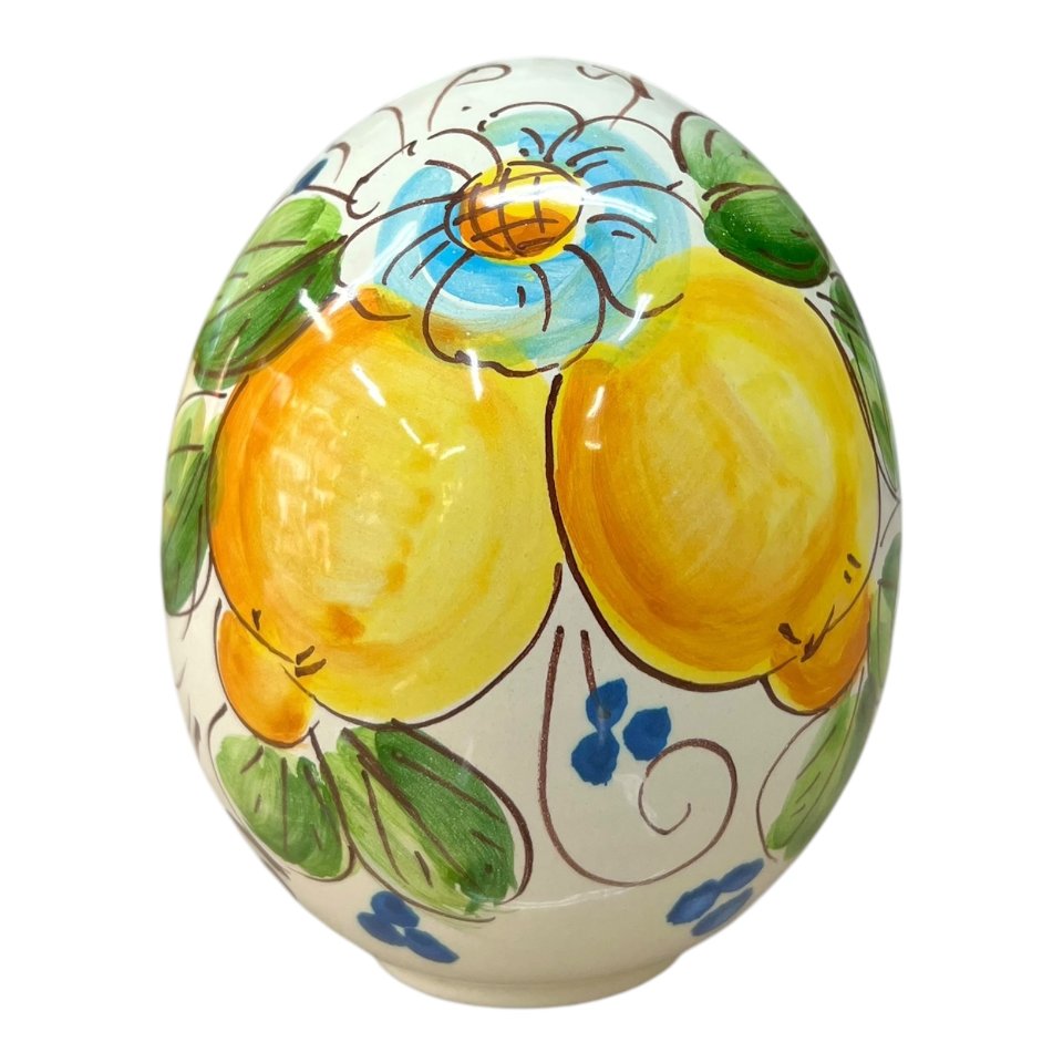 Uovo di Pasqua in ceramica siciliana decoro limoni e margherite Produzione artigianale di Santo Stefano di Camastra h.15cm