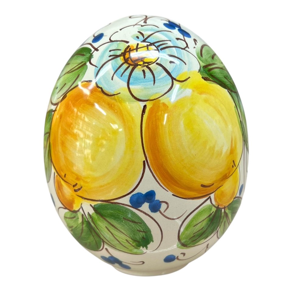 Uovo di Pasqua in ceramica siciliana decoro limoni e margherite Produzione artigianale di Santo Stefano di Camastra h.15cm