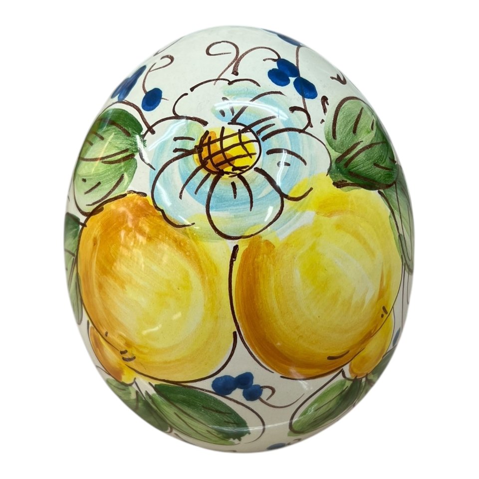 Uovo di Pasqua in ceramica siciliana decoro limoni e margherite Produzione artigianale di Santo Stefano di Camastra h.15cm