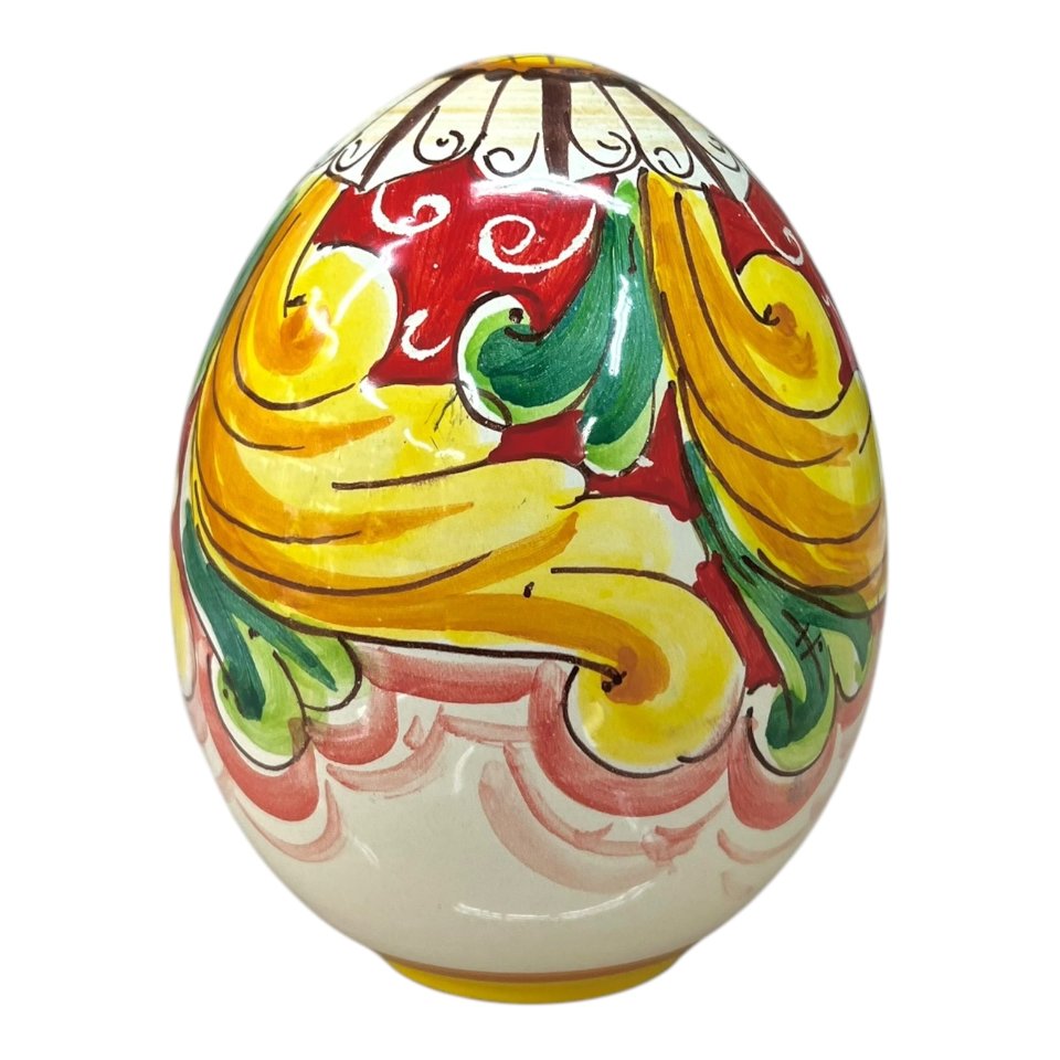 Uovo di Pasqua in ceramica siciliana decoro ornato barocco fondo rosso Produzione artigianale di Santo Stefano di Camastra h.15cm