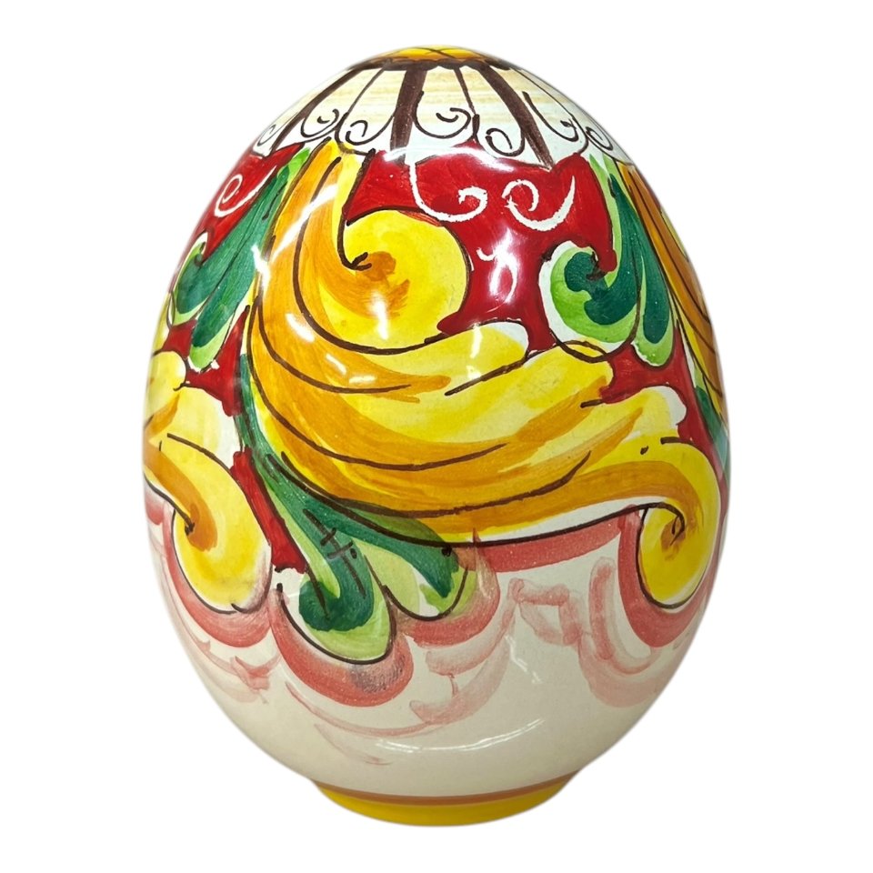 Uovo di Pasqua in ceramica siciliana decoro ornato barocco fondo rosso Produzione artigianale di Santo Stefano di Camastra h.15cm