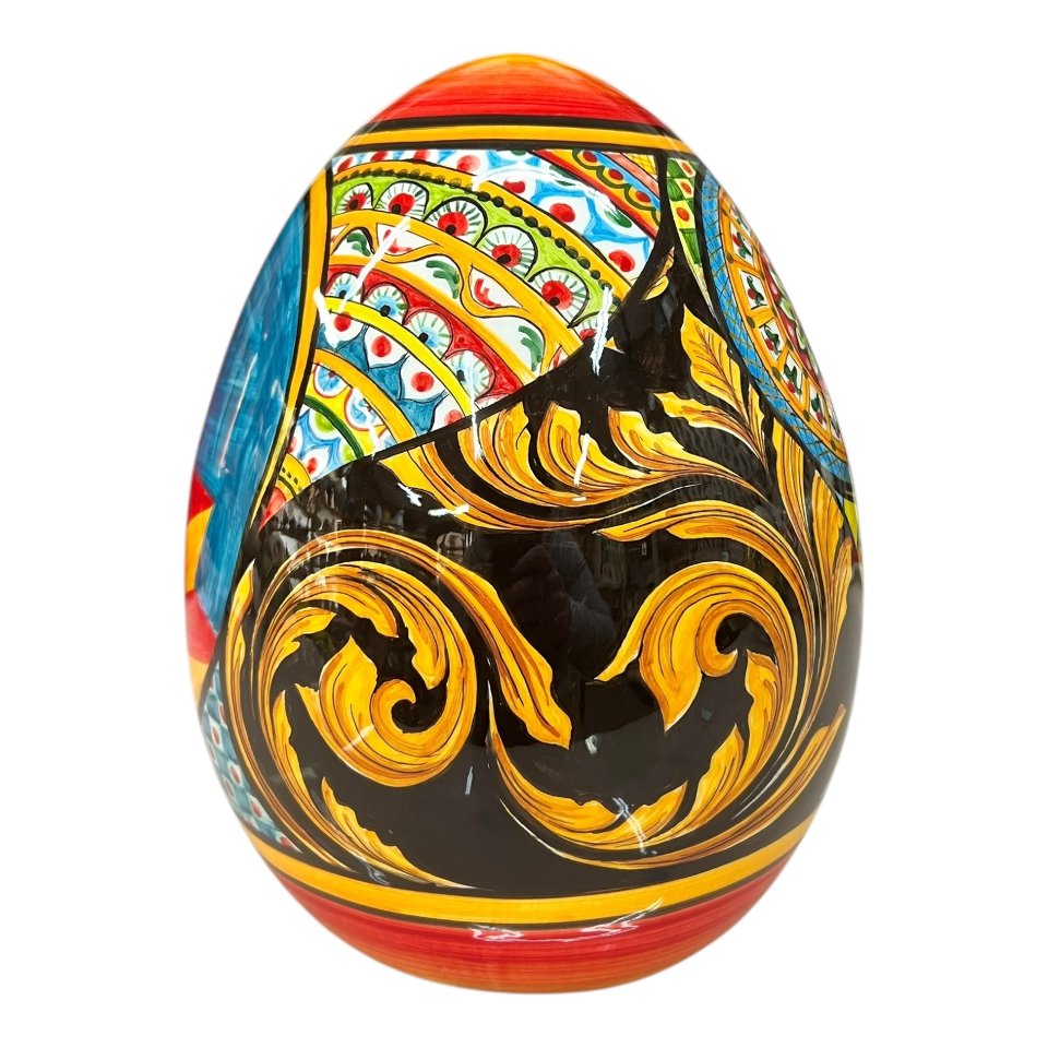 Uovo di Pasqua in pregiata ceramica siciliana decoro Sicilian Folk Produzione artigianale di Caltagirone h.25cm