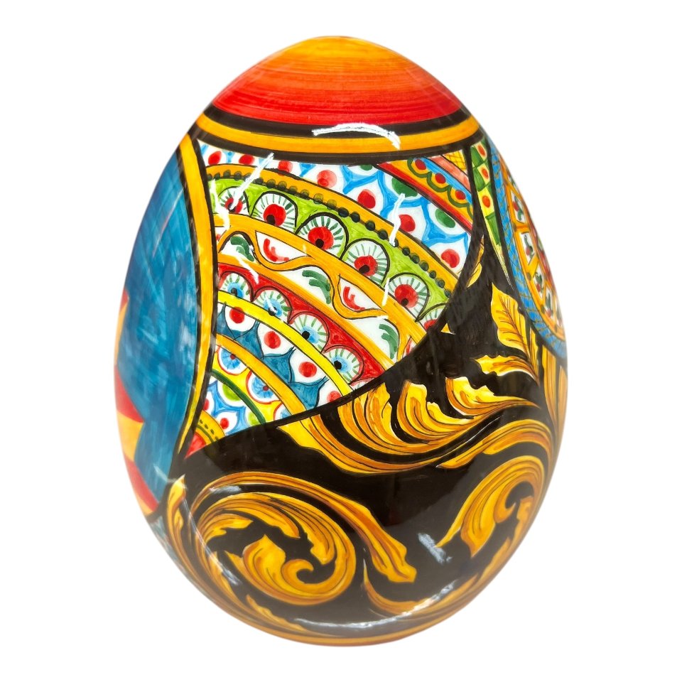 Uovo di Pasqua in pregiata ceramica siciliana decoro Sicilian Folk Produzione artigianale di Caltagirone h.25cm