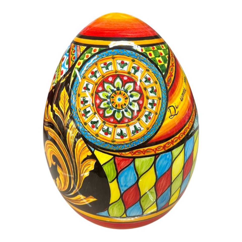 Uovo di Pasqua in pregiata ceramica siciliana decoro Sicilian Folk Produzione artigianale di Caltagirone h.25cm