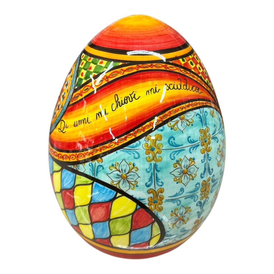 Uovo di Pasqua in pregiata ceramica siciliana decoro Sicilian Folk Produzione artigianale di Caltagirone h.25cm