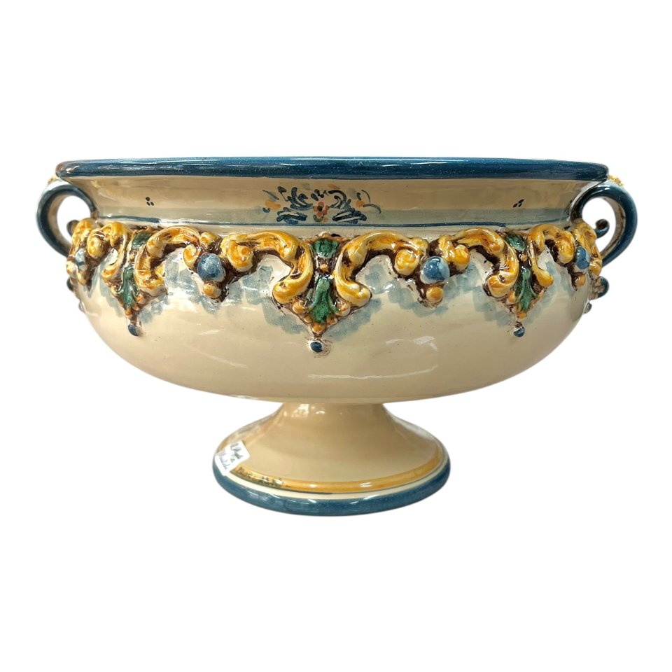 Centrotavola alzata in ceramica siciliana decoro tricolore blu, arancione e verde Produzione artigianale di Caltagirone Diametro 30cm