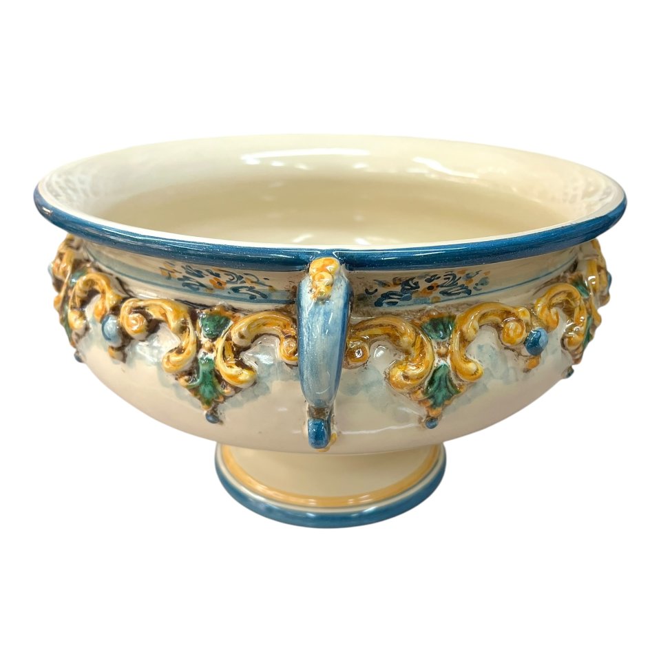 Centrotavola alzata in ceramica siciliana decoro tricolore blu, arancione e verde Produzione artigianale di Caltagirone Diametro 30cm
