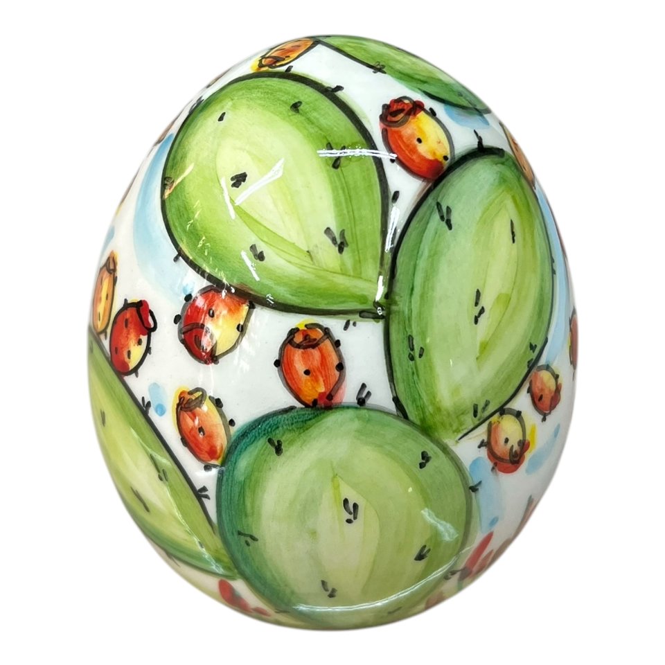 Uovo di Pasqua in ceramica siciliana decoro con fichi d’india Produzione artigianale di Caltagirone h.14cm