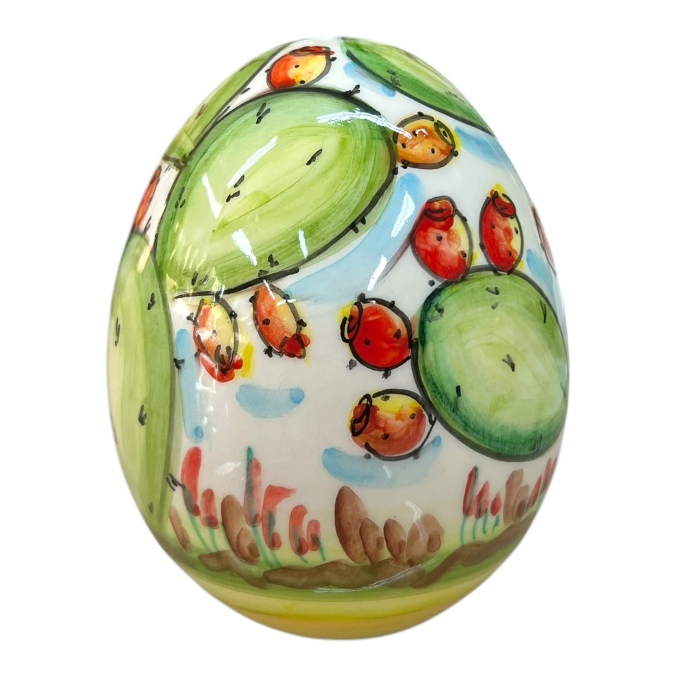 Uovo di Pasqua in ceramica siciliana decoro con fichi d’india Produzione artigianale di Caltagirone h.14cm
