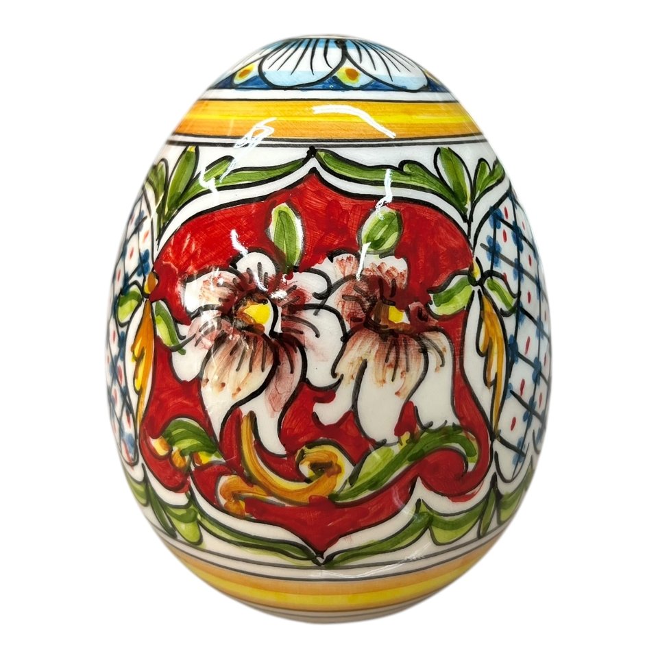 Uovo di Pasqua in ceramica siciliana decoro floreale Produzione artigianale di Caltagirone h.14cm