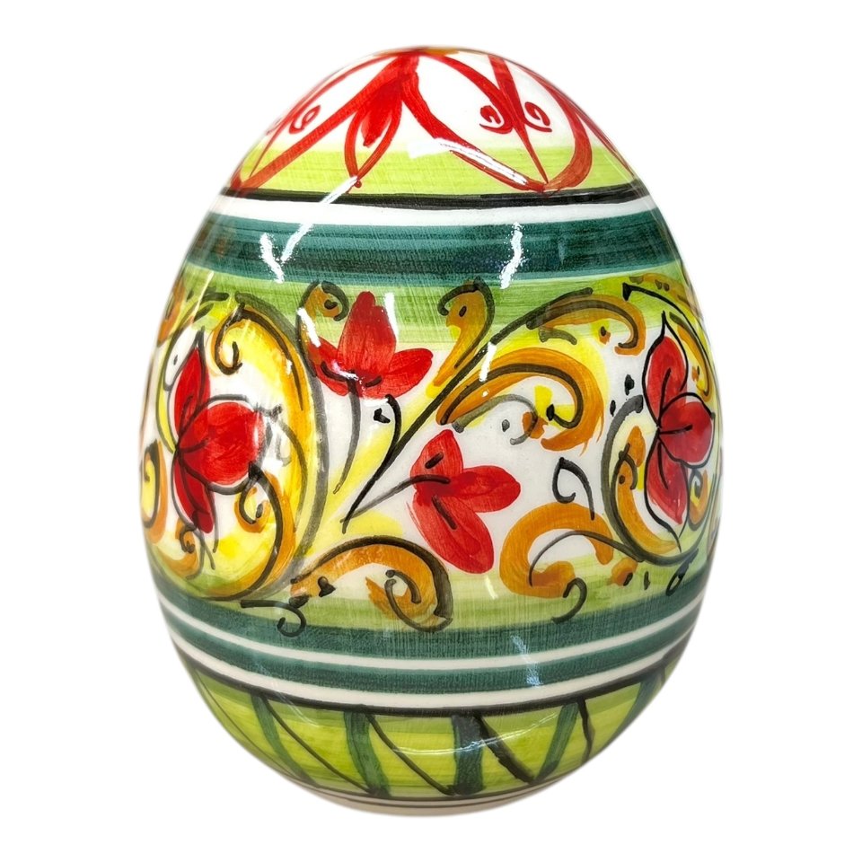Uovo di Pasqua in ceramica siciliana decoro floreale rosso e verde Produzione artigianale di Caltagirone h.14cm