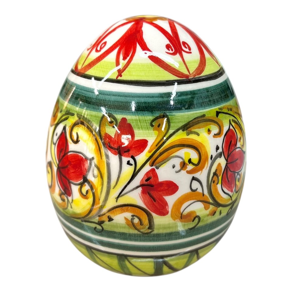 Uovo di Pasqua in ceramica siciliana decoro floreale rosso e verde Produzione artigianale di Caltagirone h.18cm