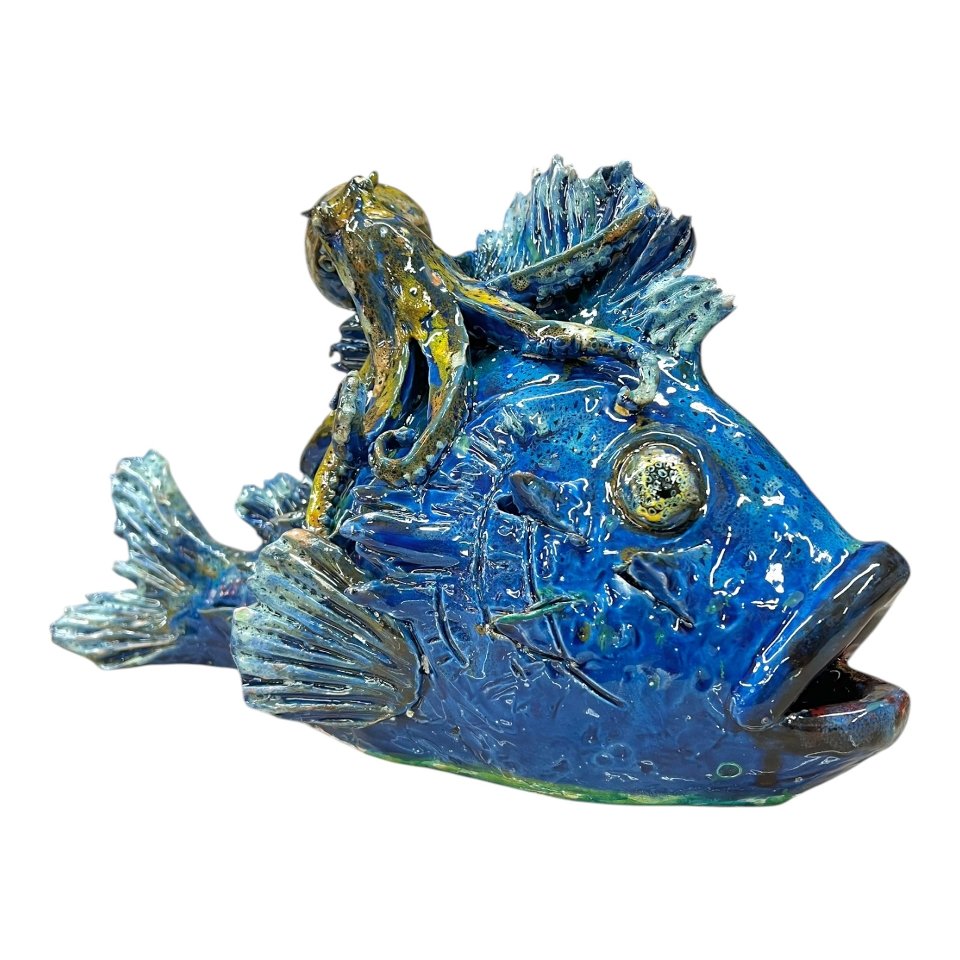 Scultura Polpo in ceramica siciliana decoro blu marino e giallo Produzione artigianale di Palermo lunghezza 40cm
