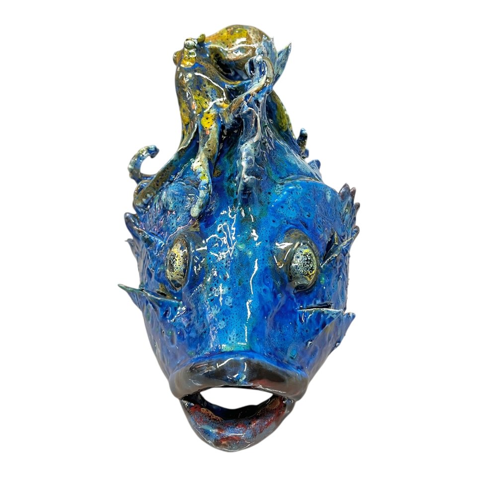 Scultura Polpo in ceramica siciliana decoro blu marino e giallo Produzione artigianale di Palermo lunghezza 40cm