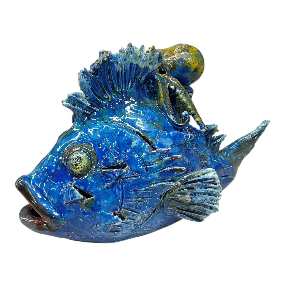 Scultura Polpo in ceramica siciliana decoro blu marino e giallo Produzione artigianale di Palermo lunghezza 40cm