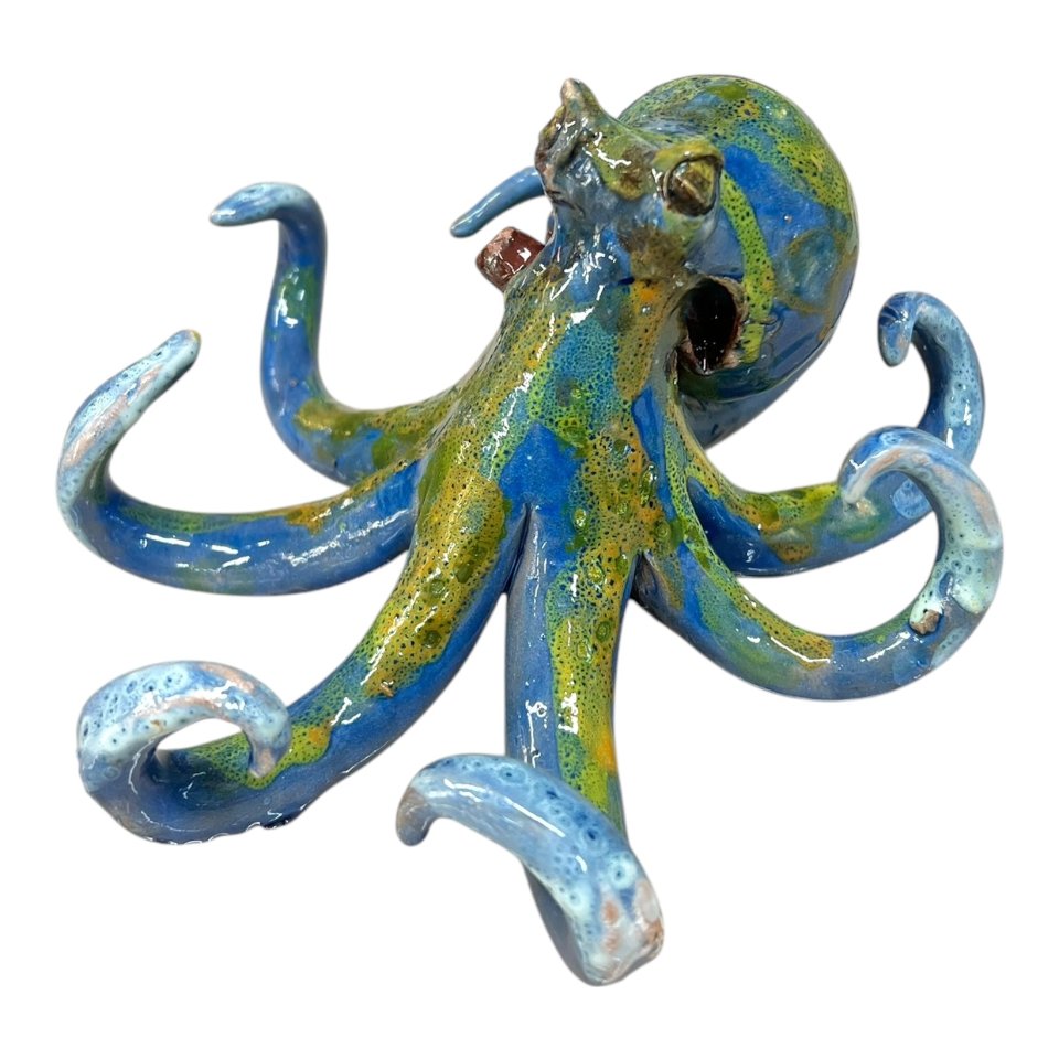 Polpo in ceramica siciliana decoro blu marino e giallo Produzione artigianale di Palermo lunghezza 15cm