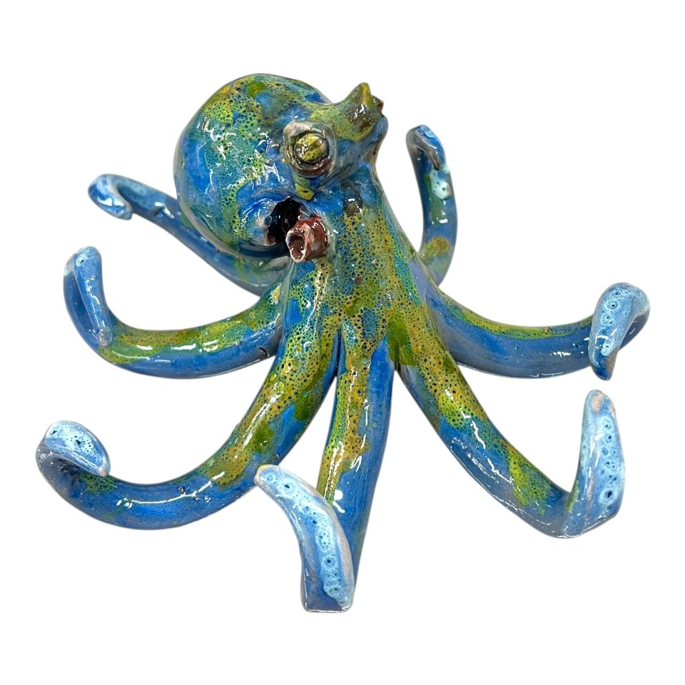 Polpo in ceramica siciliana decoro blu marino e giallo Produzione artigianale di Palermo lunghezza 15cm