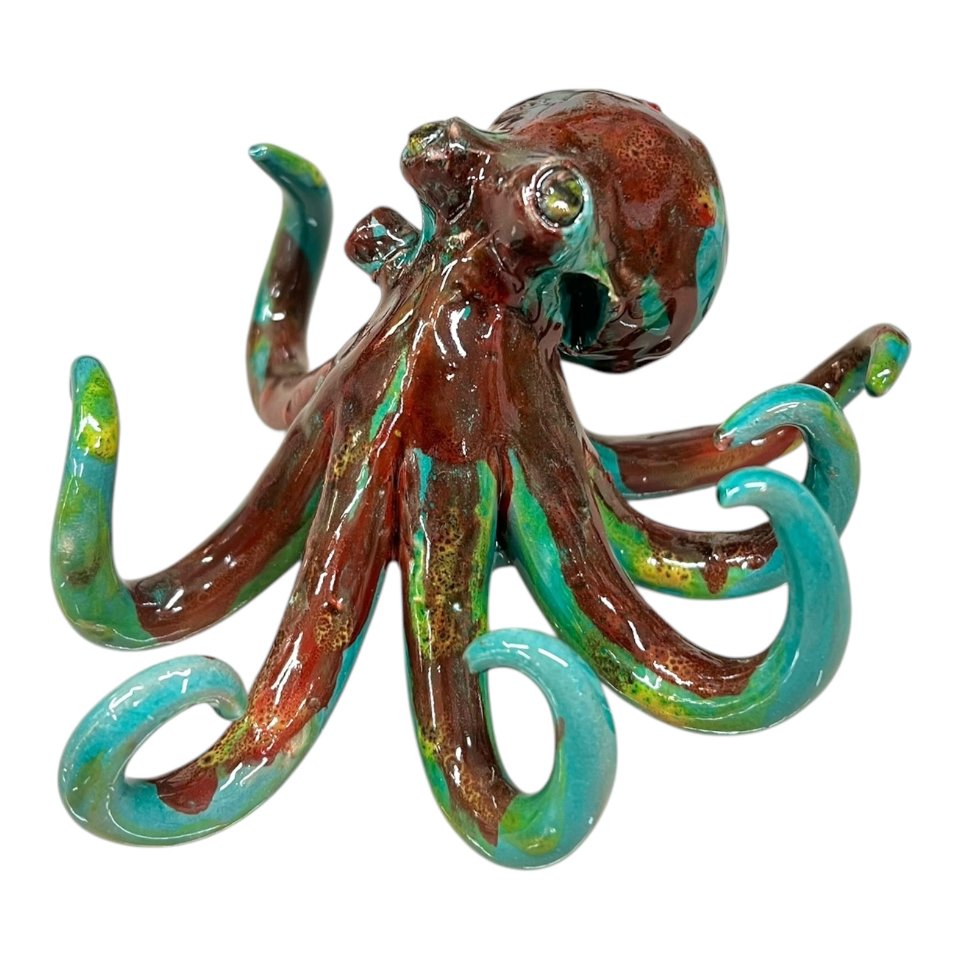 Polpo in ceramica siciliana decoro blu e rosso Produzione artigianale di Palermo lunghezza 15cm