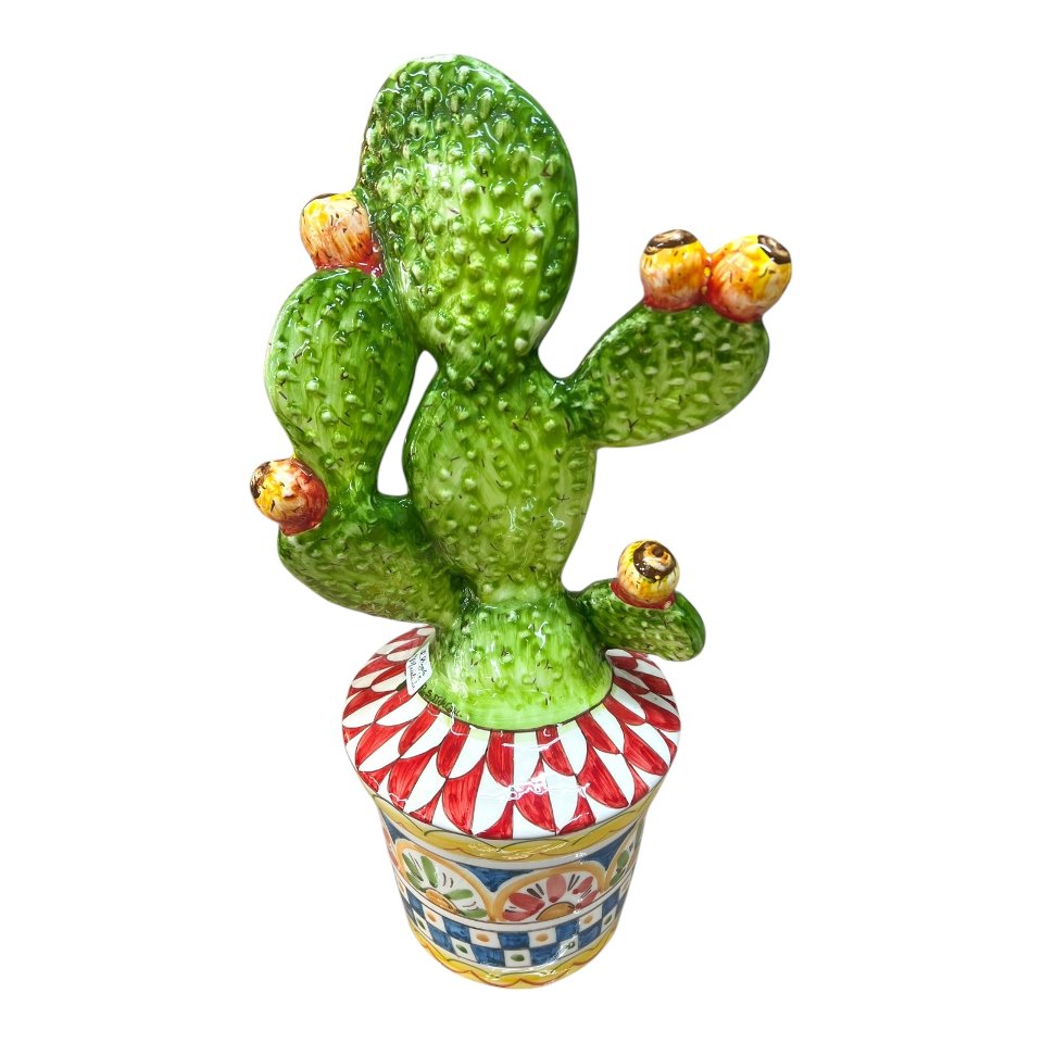Pianta fico d’india con vaso decorato in ceramica siciliana decoro carretto Produzione artigianale di Santo Stefano di Camastra h.50cm