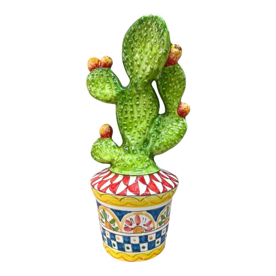 Pianta fico d’india con vaso decorato in ceramica siciliana decoro carretto Produzione artigianale di Santo Stefano di Camastra h.50cm