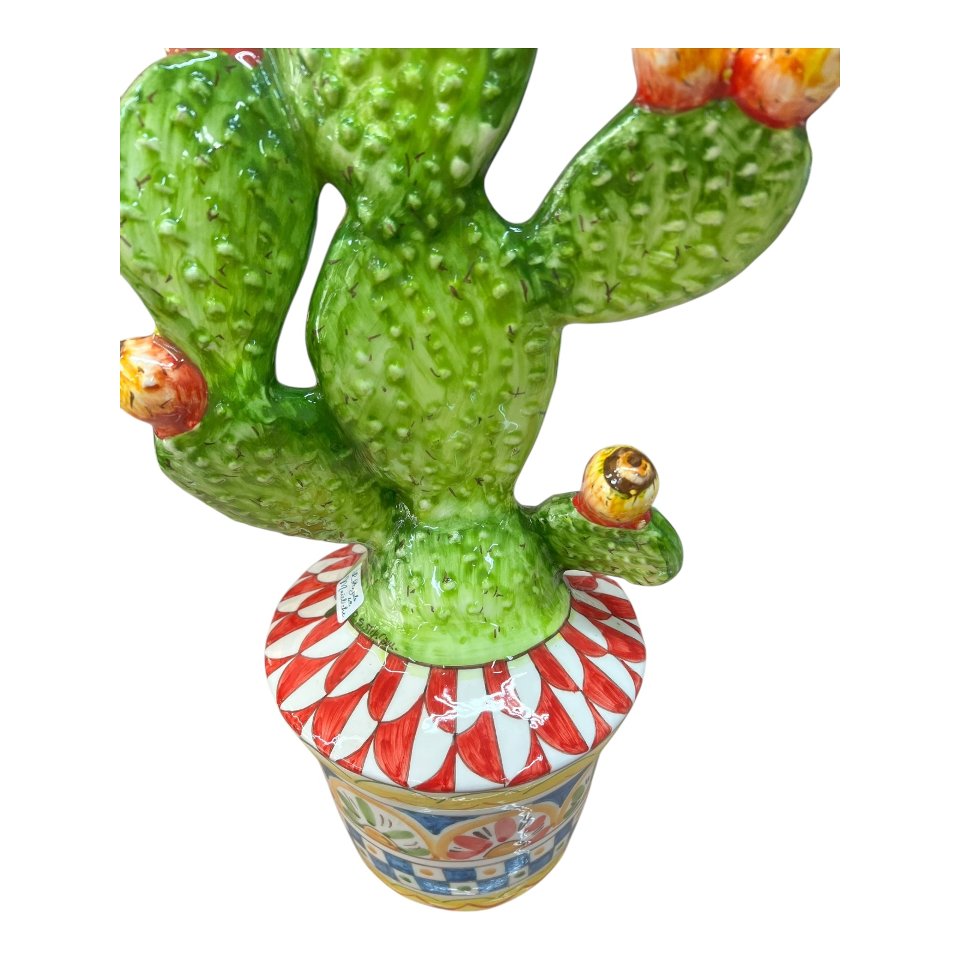 Pianta fico d’india con vaso decorato in ceramica siciliana decoro carretto Produzione artigianale di Santo Stefano di Camastra h.50cm