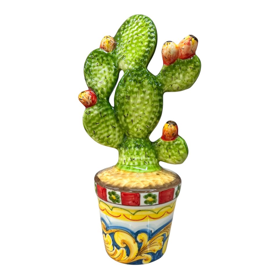 Vaso fico d’india in ceramica siciliana decoro ornato Produzione artigianale di Santo Stefano di Camastra h.38cm