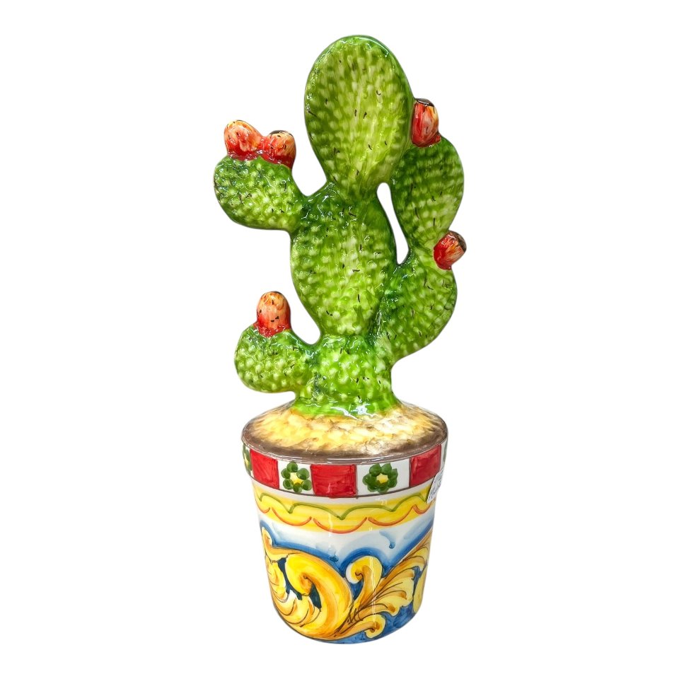Vaso fico d’india in ceramica siciliana decoro ornato Produzione artigianale di Santo Stefano di Camastra h.38cm