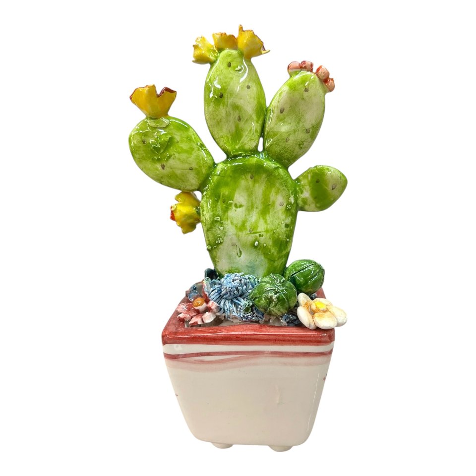 Pianta fico d’india in ceramica siciliana con vaso quadrato Produzione artigianale  di Caltagirone h.15cm