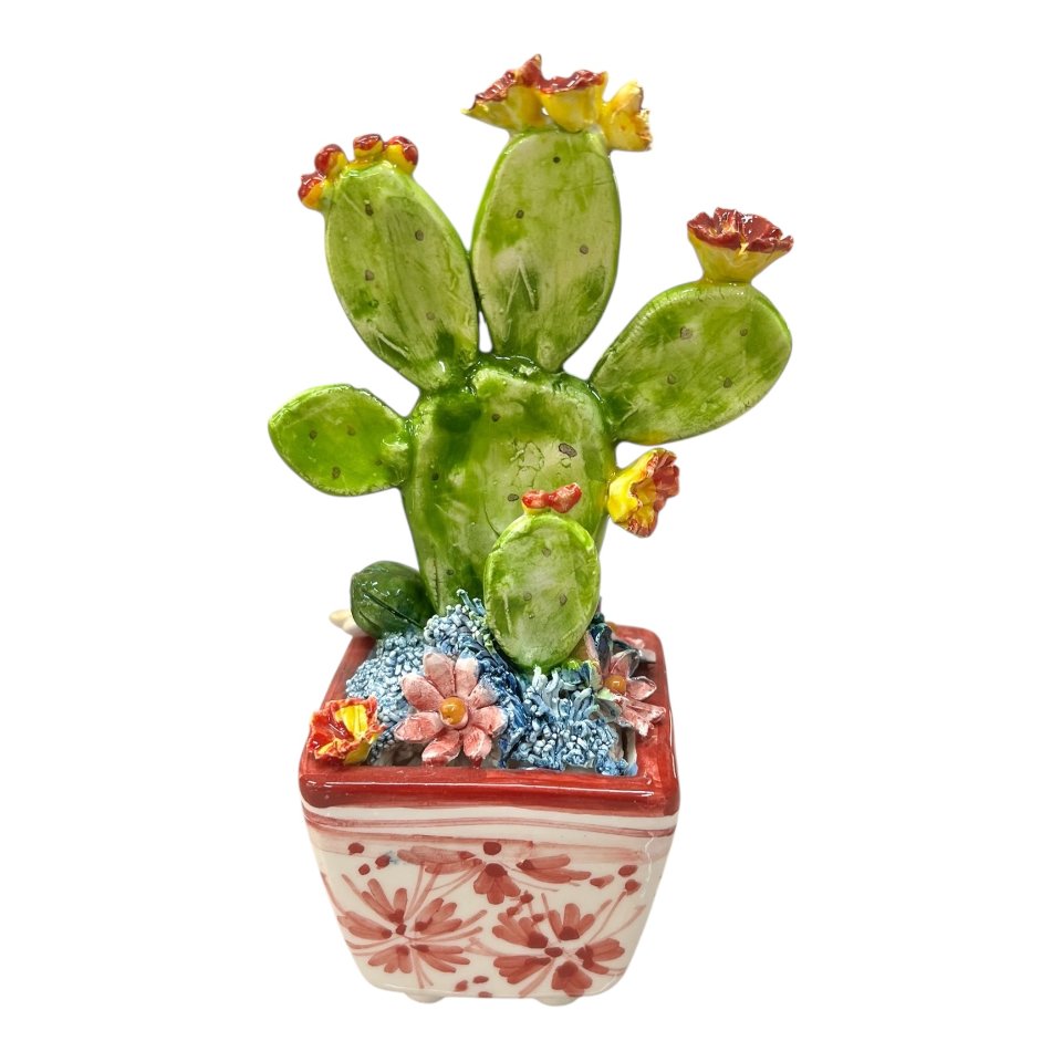 Pianta fico d’india in ceramica siciliana con vaso quadrato Produzione artigianale  di Caltagirone h.15cm