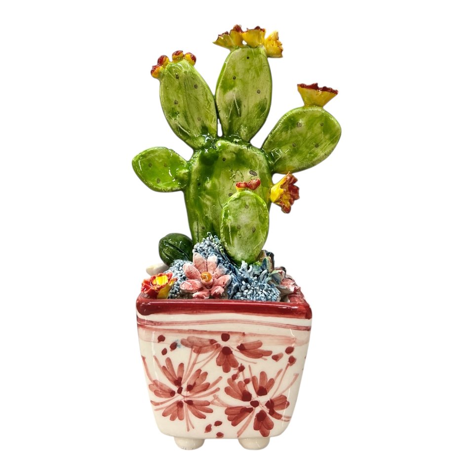 Pianta fico d’india in ceramica siciliana con vaso quadrato Produzione artigianale  di Caltagirone h.15cm