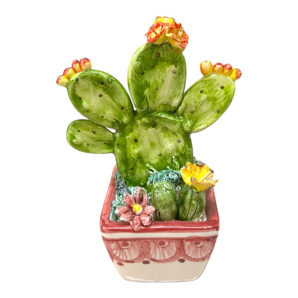 Pianta fico d’india in ceramica siciliana con vaso quadrato Produzione artigianale  di Caltagirone h.15cm