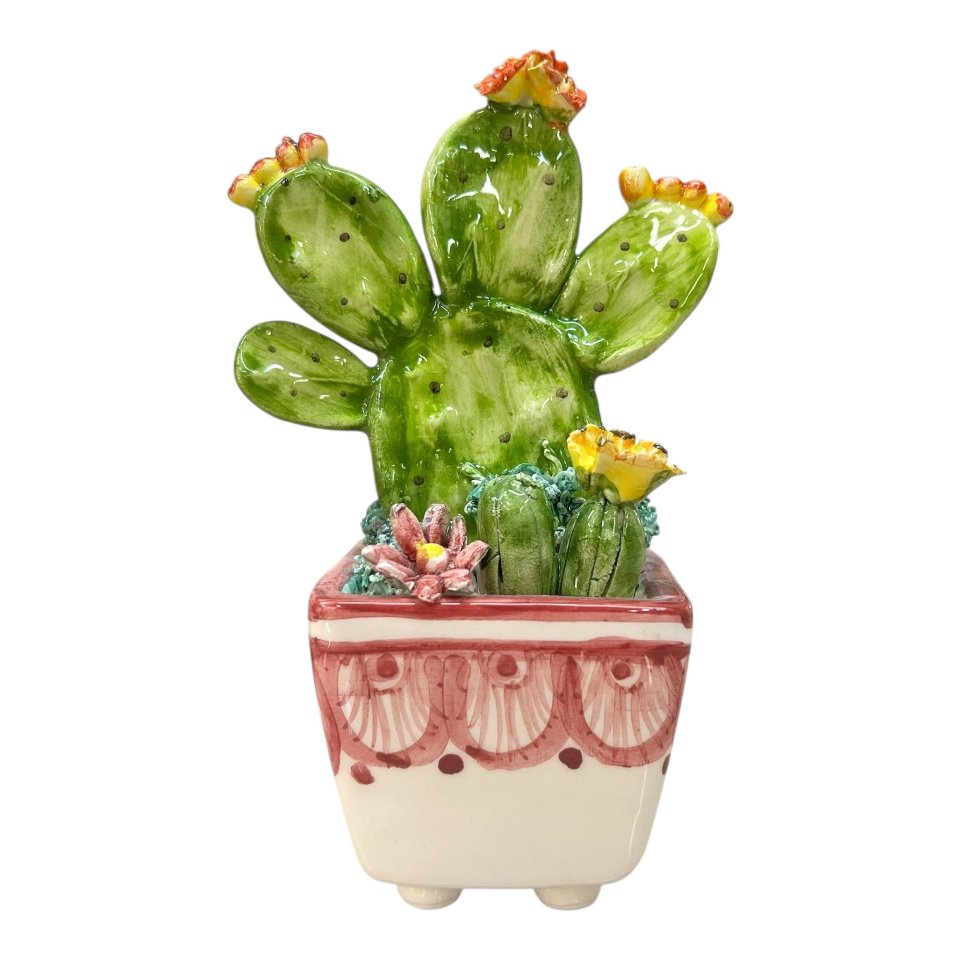 Pianta fico d’india in ceramica siciliana con vaso quadrato Produzione artigianale  di Caltagirone h.15cm