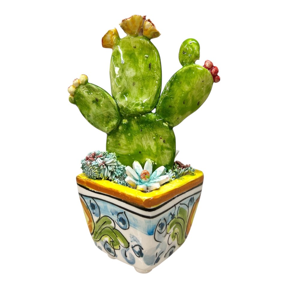 Pianta fico d’india in ceramica siciliana con vaso quadrato Produzione artigianale  di Caltagirone h.15cm